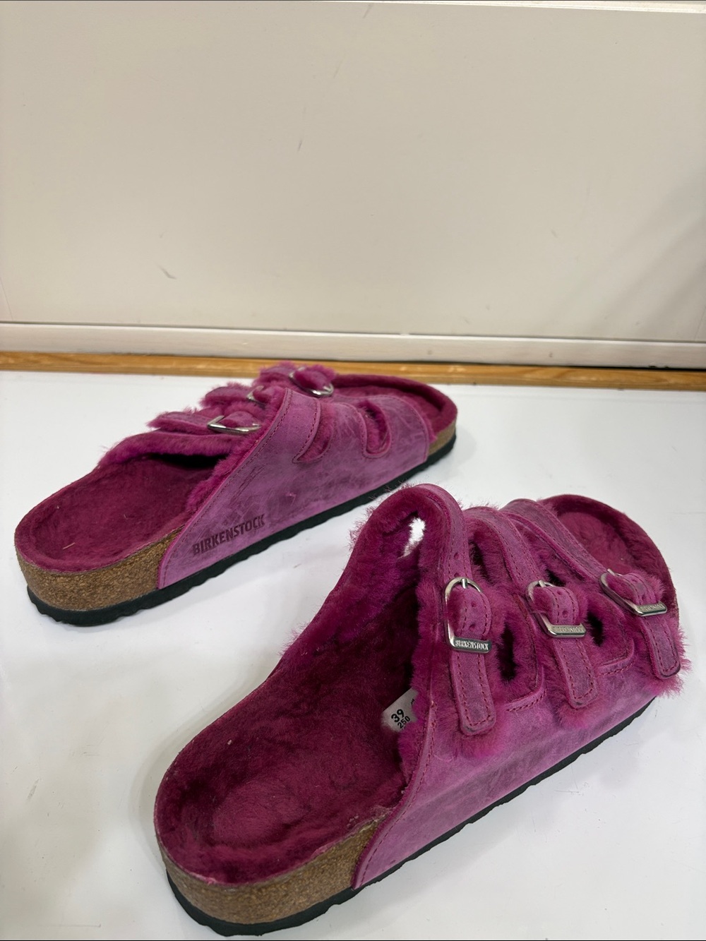 Birkenstock Arizona Shearling Triple-Strap Sandals - Fuchsia - Picture 7 of 11